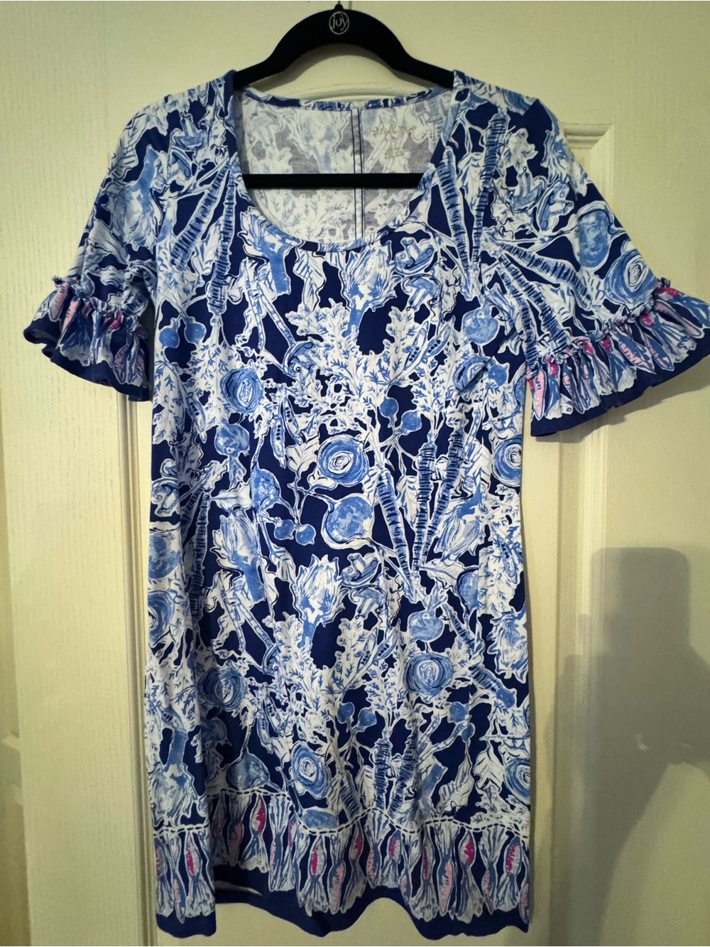 Lilly Pulitzer Navy and White Floral Ruffle-Sleeve Shift Dress